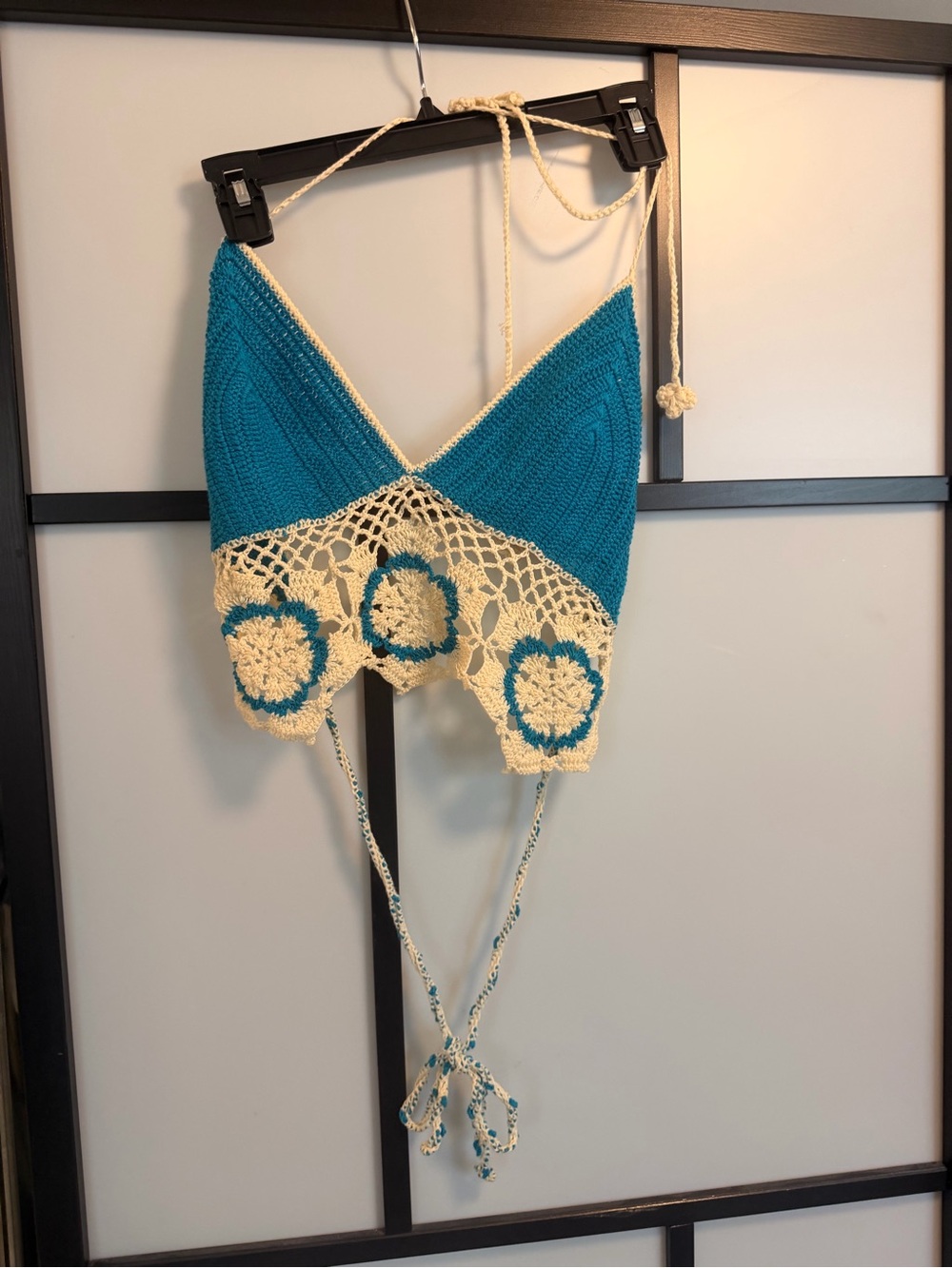 Handmade Crochet Halter Crop Top Turquoise Cream Boho Festival